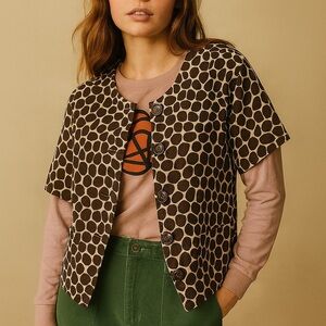 Charter Club Linen Blend Top Giraffe Animal Print Button Down Cardigan Sz XL